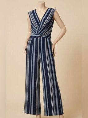 R&K Elegant Navy & White Striped Romper Jumpsuit Pants Suit Quiet Luxury Casual